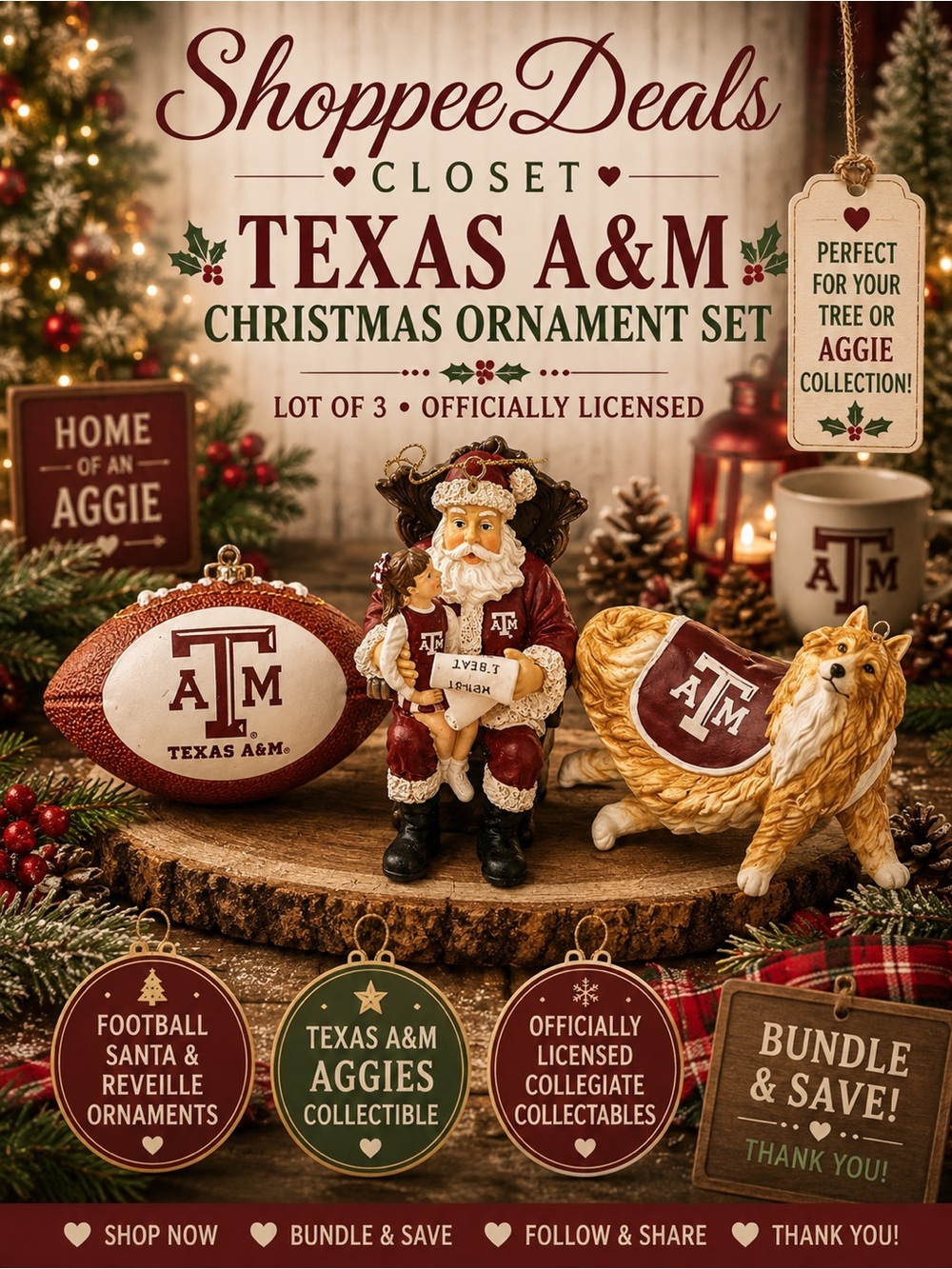 Texas A&M Aggies Christmas Ornament Lot Football Santa Reveille Collie 2001